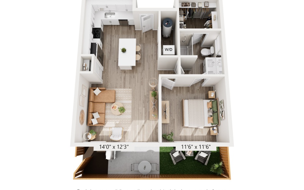 A2 - 1 bedroom floorplan layout with 1 bathroom and 717 square feet (3D)