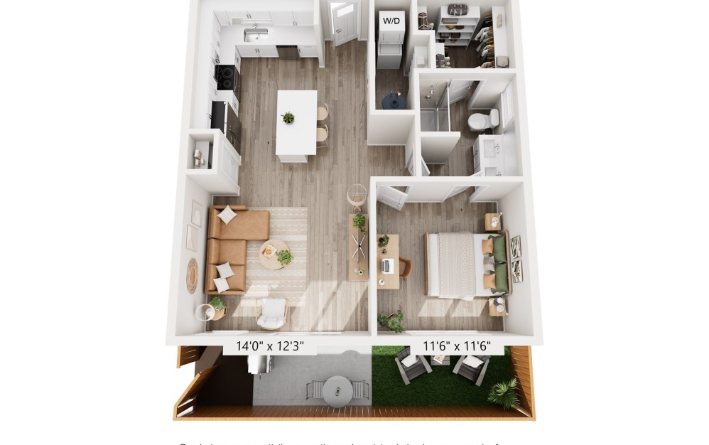 A1 - 1 bedroom floorplan layout with 1 bathroom and 742 square feet (3D) A1 1 bedroom and 1 bathroom 3D townhome floorplan at Cadia Grand Prairie