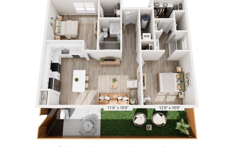 B2 - 2 bedroom floorplan layout with 2 bathrooms and 1030 square feet (3D) B2 2 bedroom and 2 bathroom 3D townhome floorplan at Cadia Grand Prairie