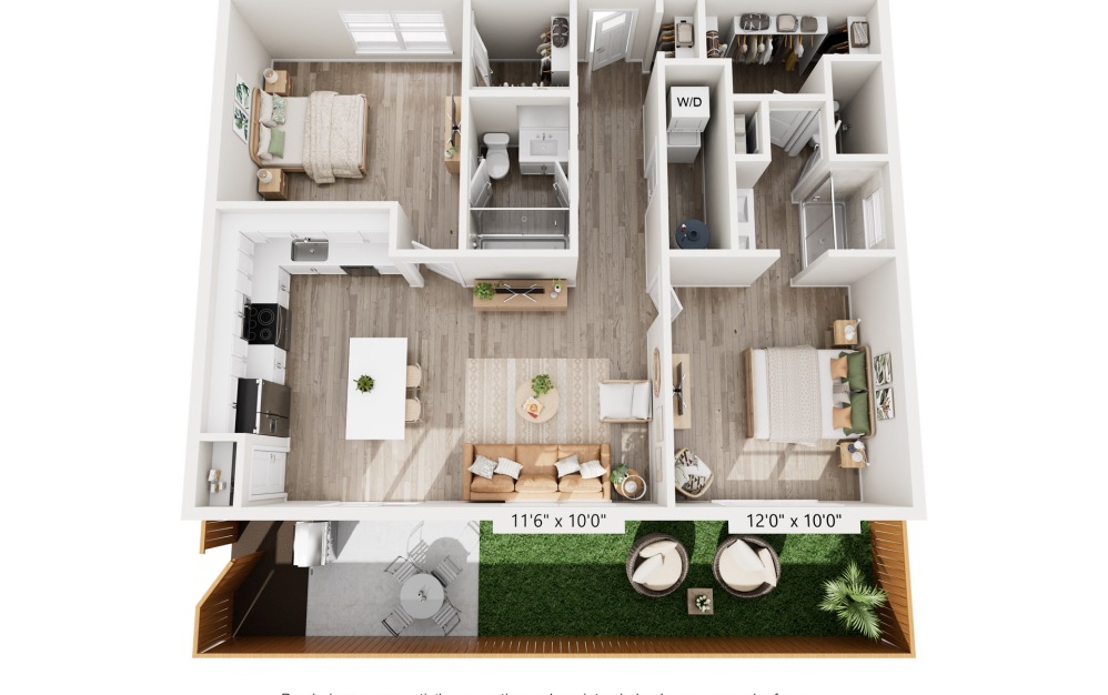 B1 2 bedroom and 2 bathroom 3D townhome floorplan at Cadia Grand Prairie
